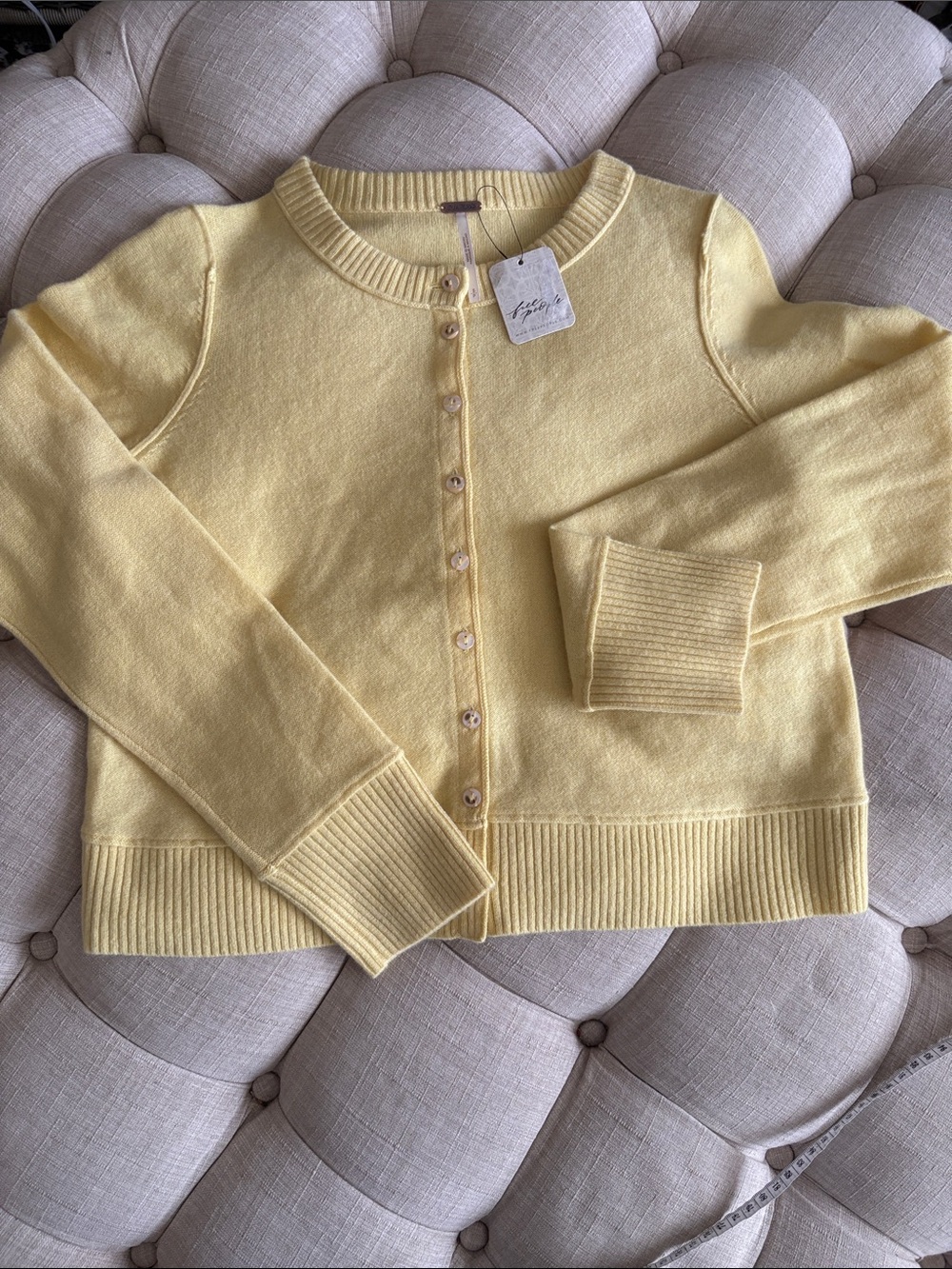 Free People Pale Yellow Button-Up Cropped Cardigan